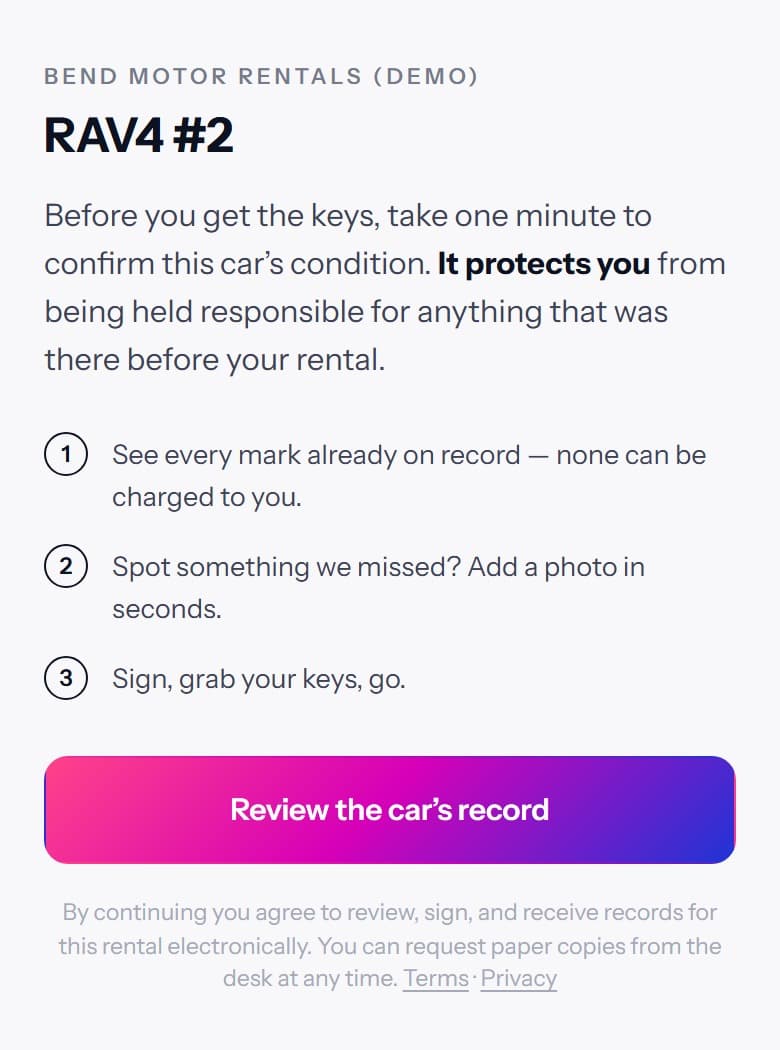 The renter's phone — review the car's record and sign