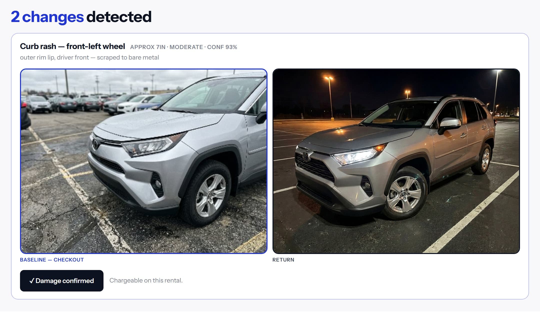 The operator's review screen — changes detected with baseline and return photos side by side